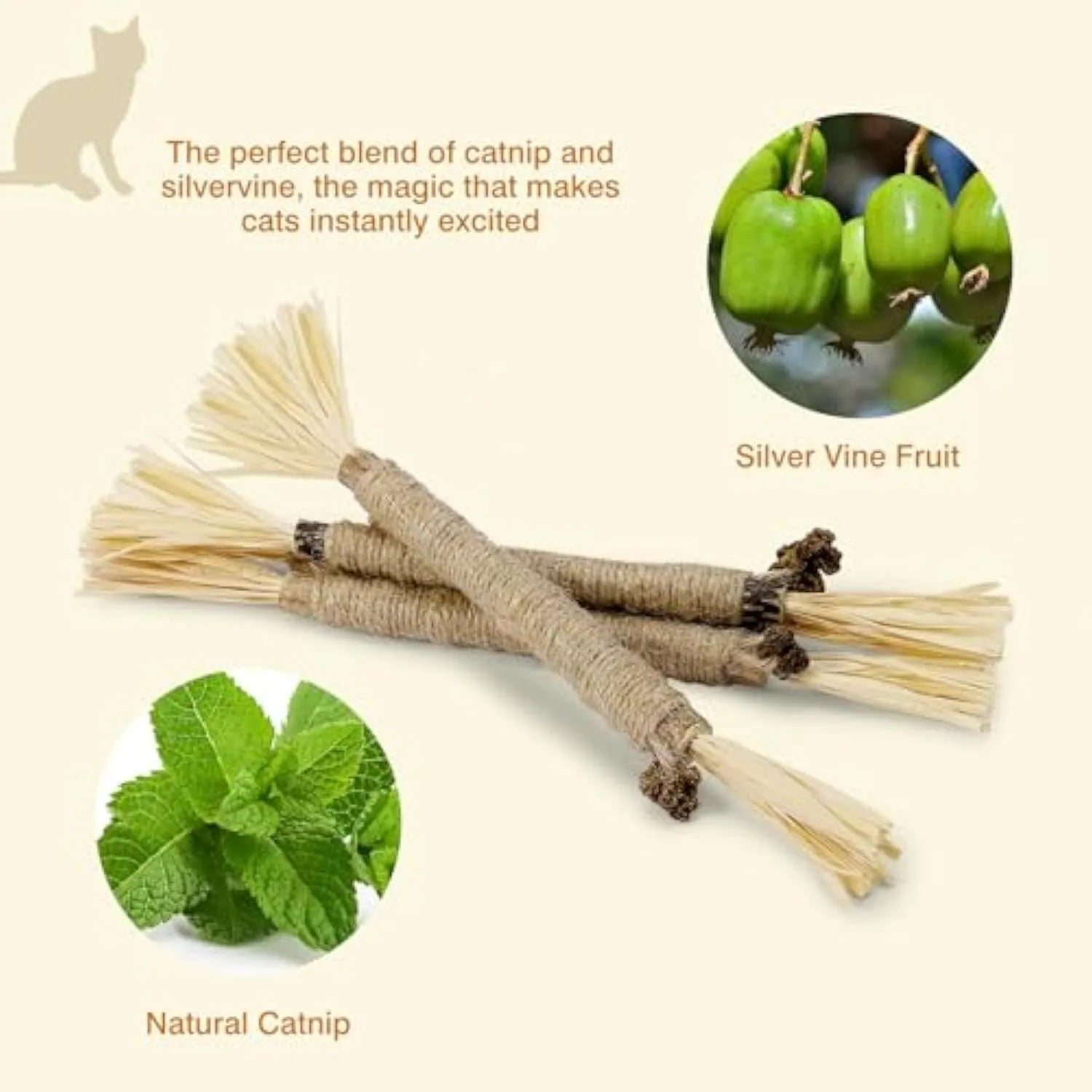 3 natural silvervine chew sticks for cats with sisal rope and raffia dental care toy