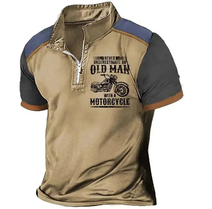 Men's digital print polo shirt with zip-decorated lapel collar in regular fit casual styling