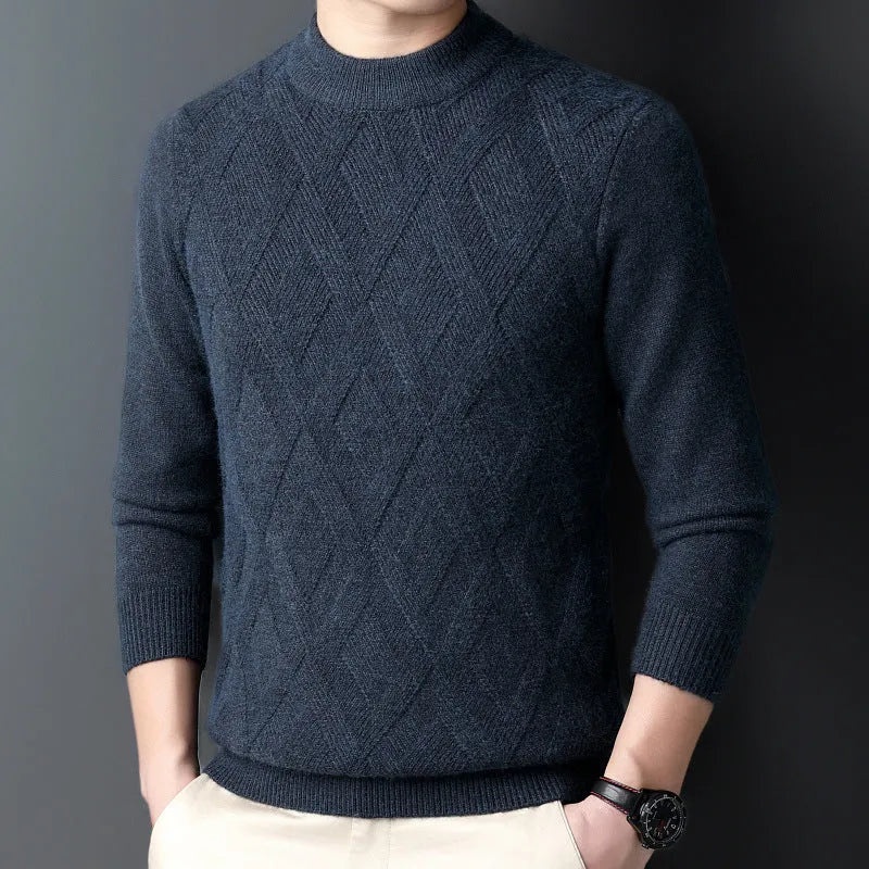 Men's winter thermal wool diamond jacquard pullover sweater shown in light camel colour