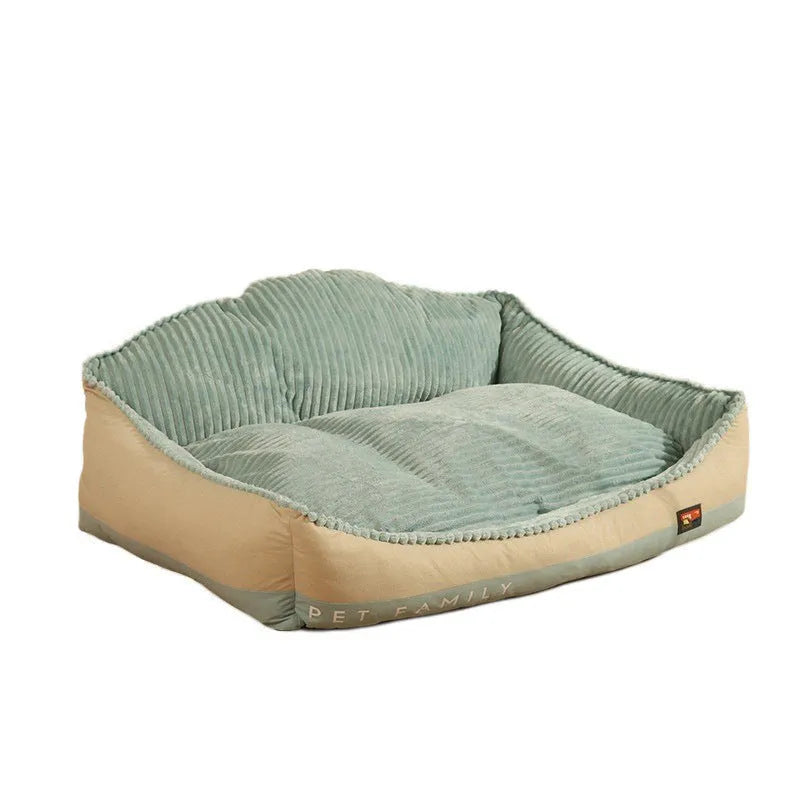 Morandi coloured removable cover pet bed for dogs and cats, shown in medium and large size options.