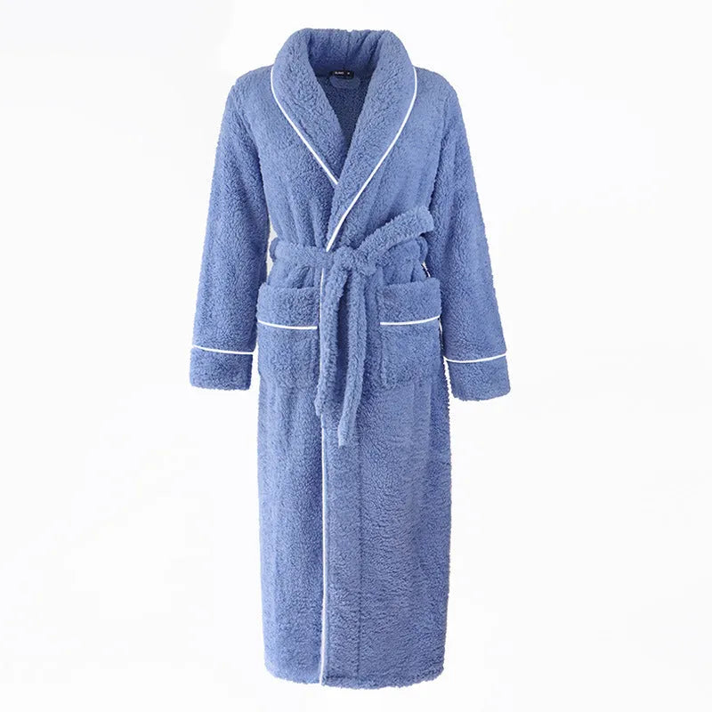 A man and woman wearing matching thickened flannel couple's bathrobes in a winter colour.