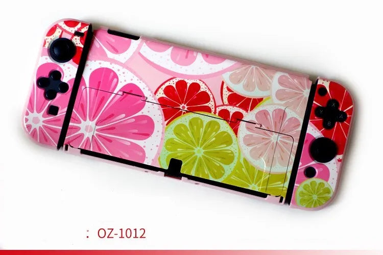 Nintendo Switch OLED hard protective case with cartoon pattern design showing front and back views