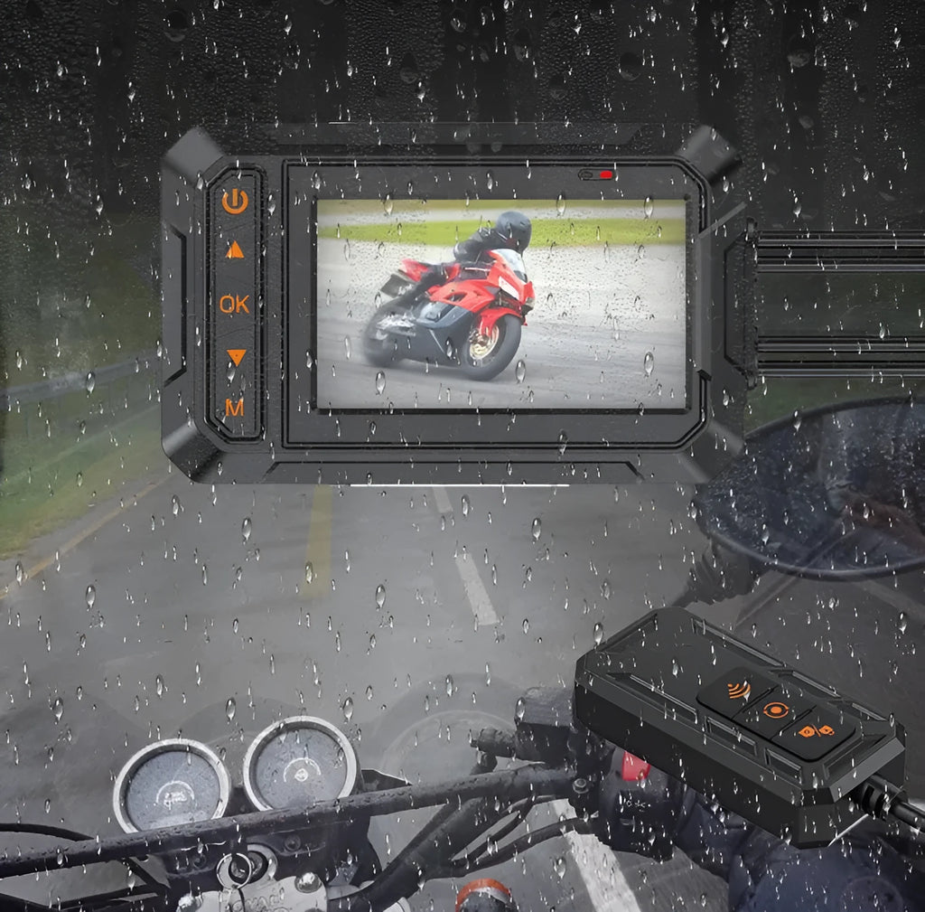 MT65 motorcycle dash cam with 3-inch display mounted on motorcycle handlebar