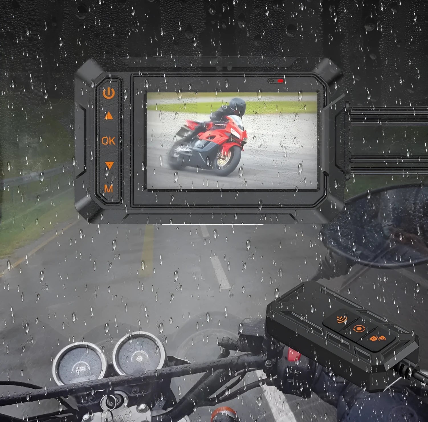 MT65 motorcycle dash cam with 3-inch display mounted on motorcycle handlebar