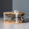 White transparent PVC cat tunnel attached to diamond pattern corrugated scratch board