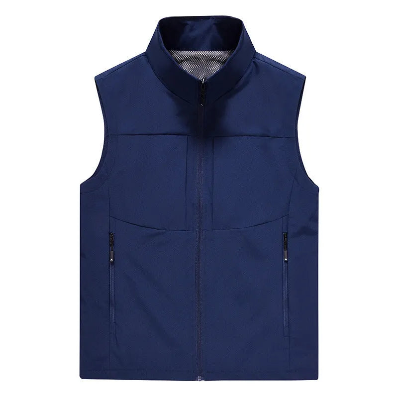 Men's casual outdoor cardigan vest with stand collar and zipper pockets in polyester fibre