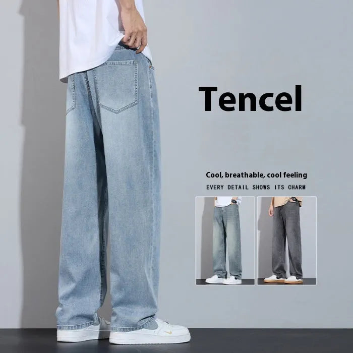 Straight-leg casual trousers in ice silk denim with wide leg fit and zip fly closure
