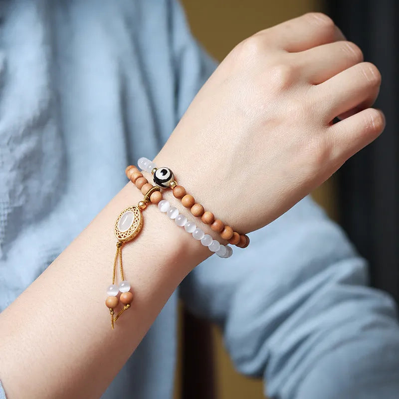 Sandalwood double ring and opal Tibetan bead bracelet with retro mixed material design