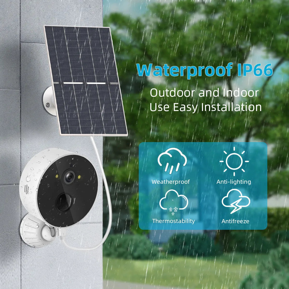 Solar-powered outdoor security camera with separate solar panel for wireless monitoring