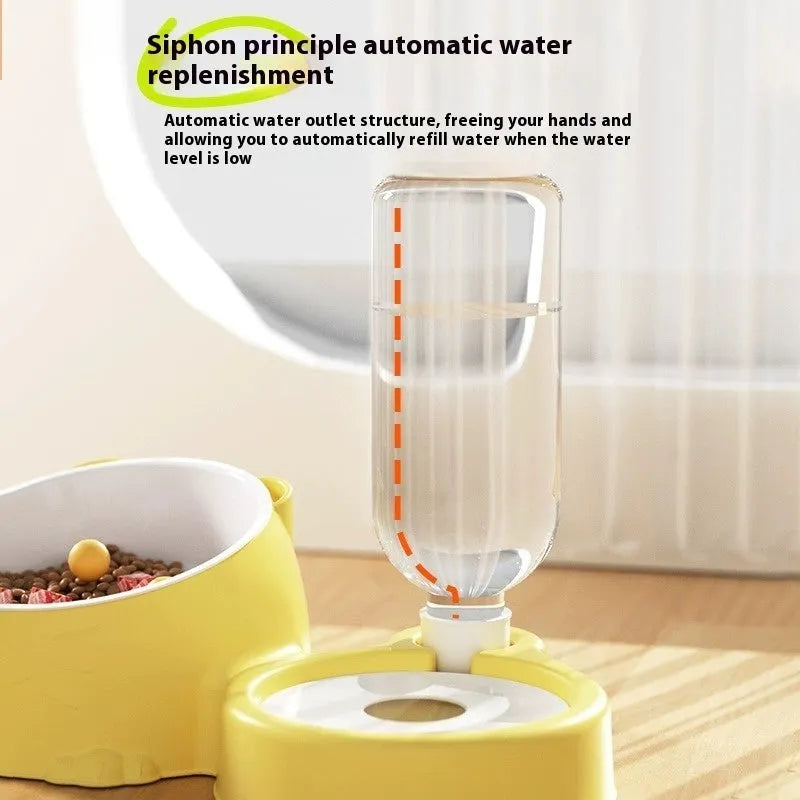 Double bowl automatic pet drinking basin with ceramic base and stainless steel bowl in various colours