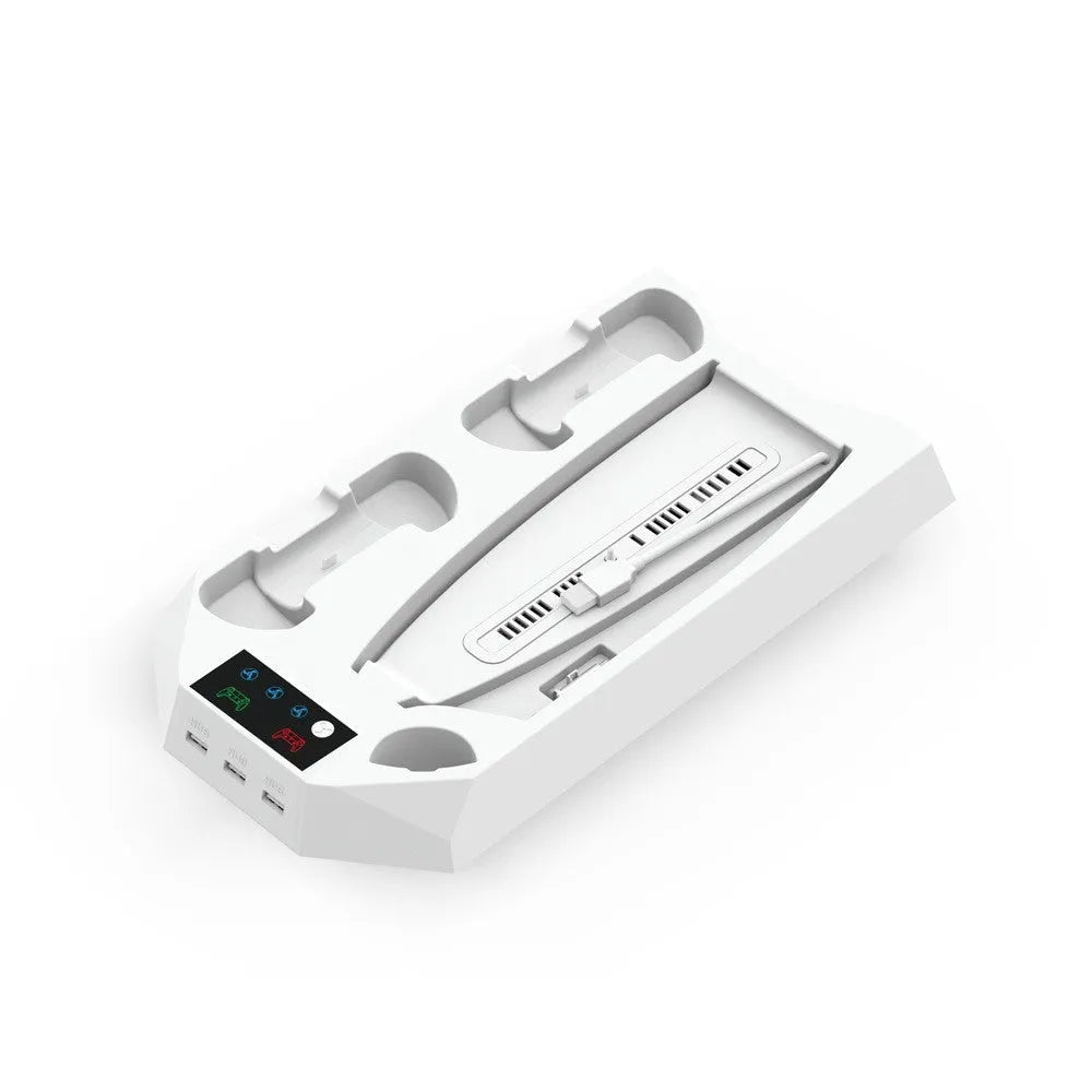 White PS5 charging base radiator with controller and headset storage compartments