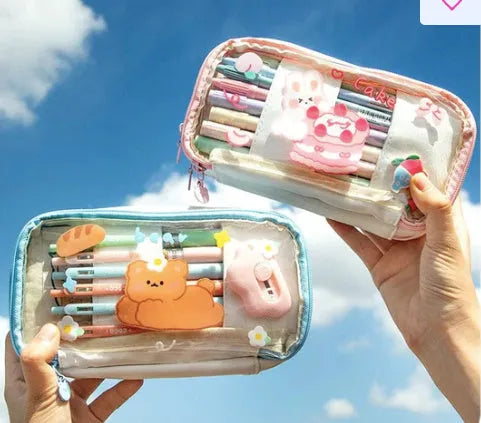 Transparent TPU pen bag with heart and rabbit pattern in red or pink colour options