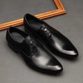 Men's pointed toe lace-up black leather business shoes with rubber sole and low upper height