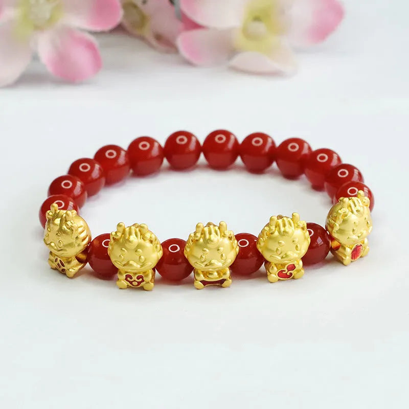 Red agate bracelet with Chinese five blessing dragon design on 8mm beads