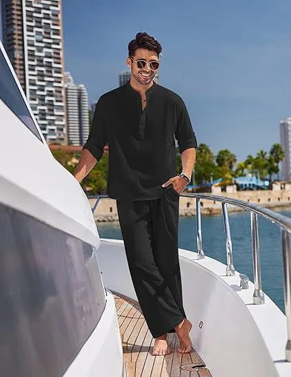Men's casual cotton two-piece suit with long sleeves and trousers in a solid colour