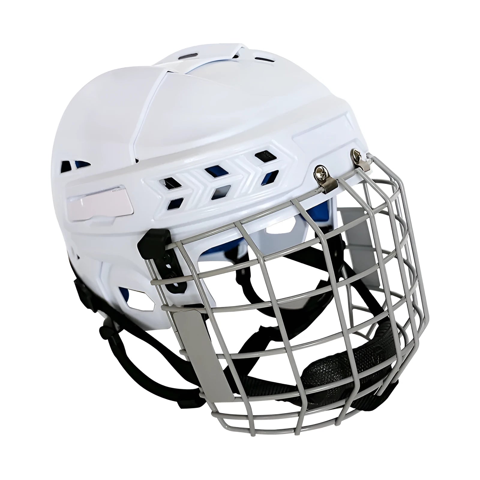 Ice hockey helmet with a carbon steel face mask, shown in size S, M, L, or XL.