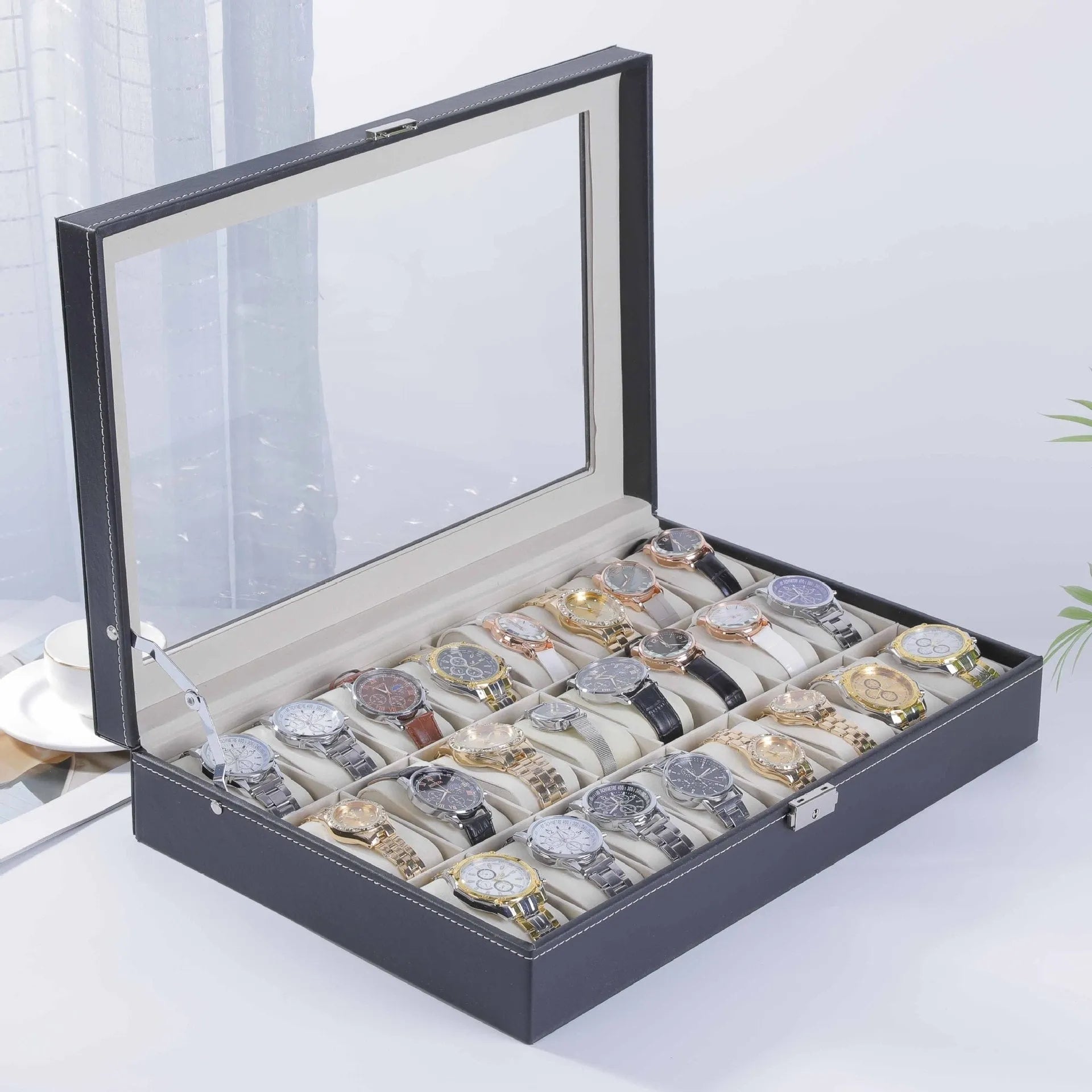 Grey high-grade leather watch storage box with a dustproof transparent lid, shown in a multi-capacity display.