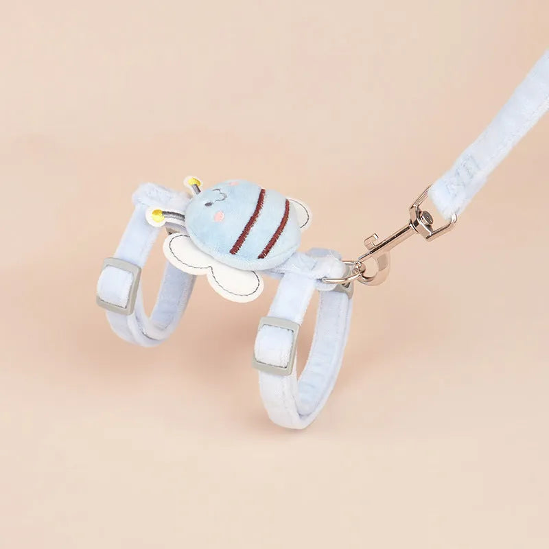 Bee-shaped adjustable cat lead in blue colour with strap and hand-holding rope