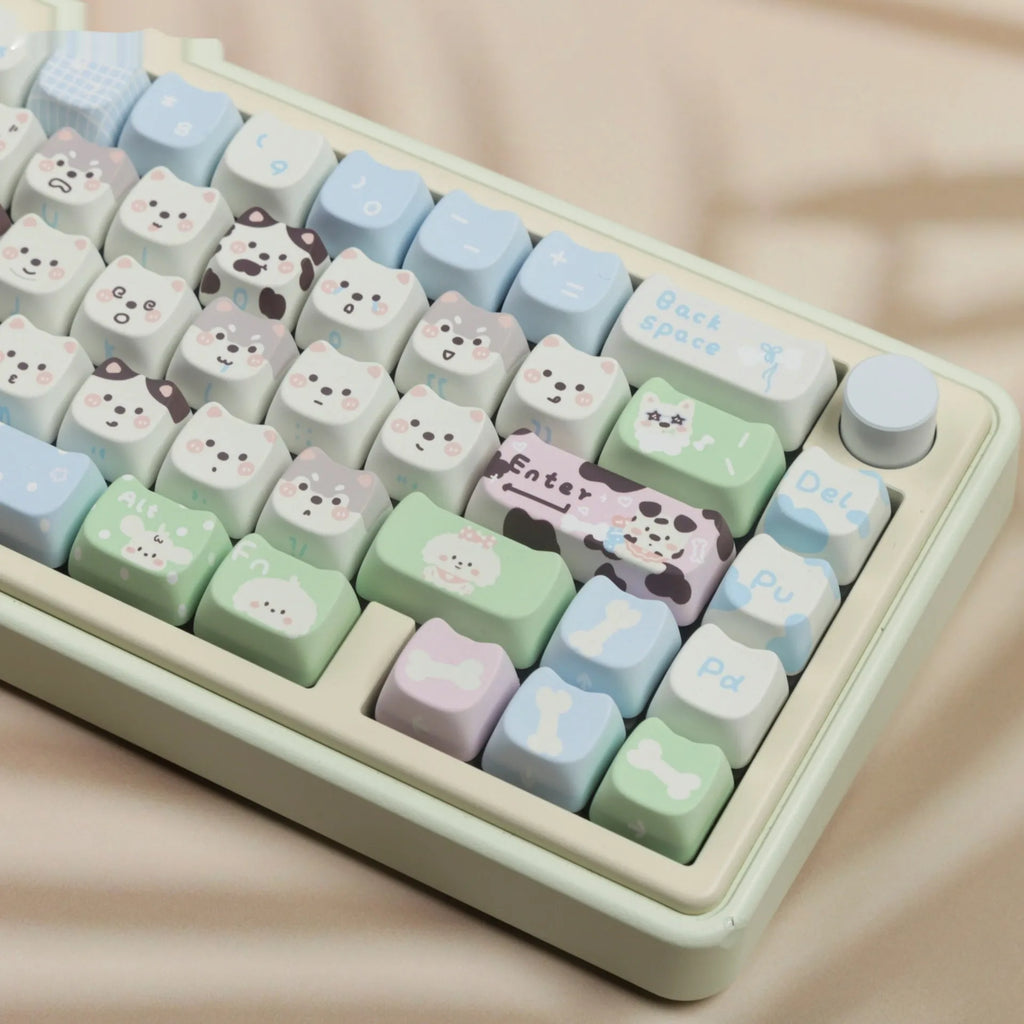 Full set of PBT keycaps for mechanical keyboard with colourful cat and puppy sublimation design.