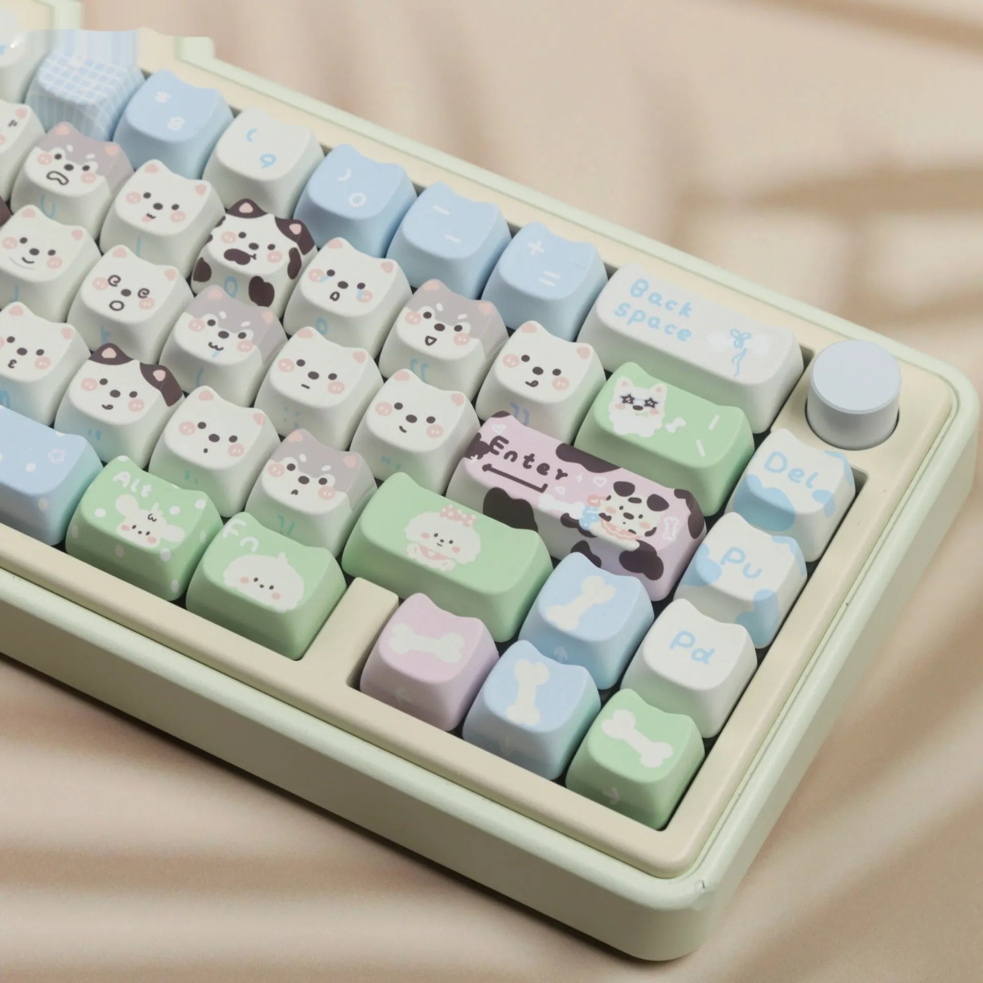 Full set of PBT keycaps for mechanical keyboard with colourful cat and puppy sublimation design.