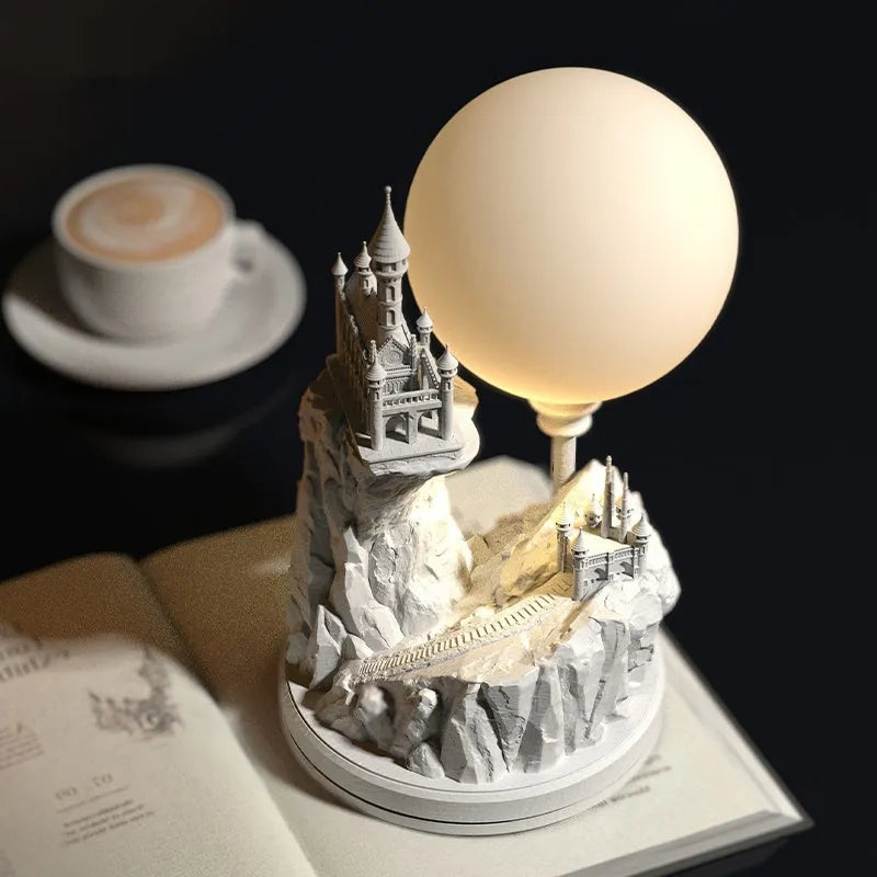 Small white composite gypsum desk lamp with a plug and wire-controlled switch.