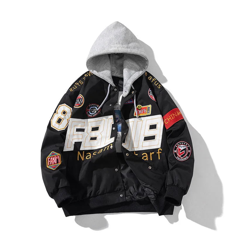 Black American motorcycle baseball uniform with removable hood for couples in autumn winter style