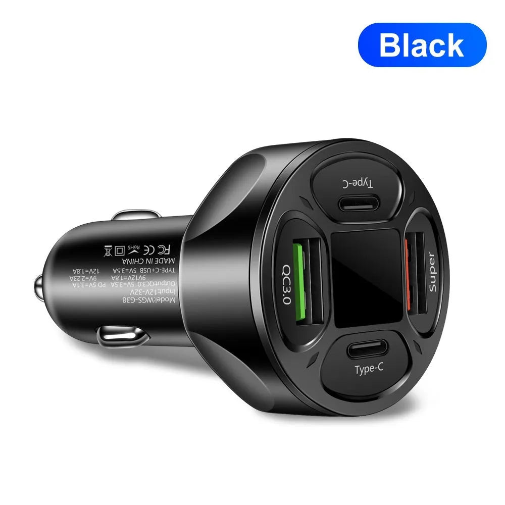 66W digital display car charger with four ports showing voltage readout