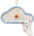 White wall-mounted cat scratching mat with sleeping cat cartoon design on natural sisal surface