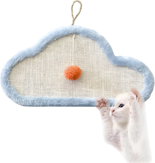 White wall-mounted cat scratching mat with sleeping cat cartoon design on natural sisal surface
