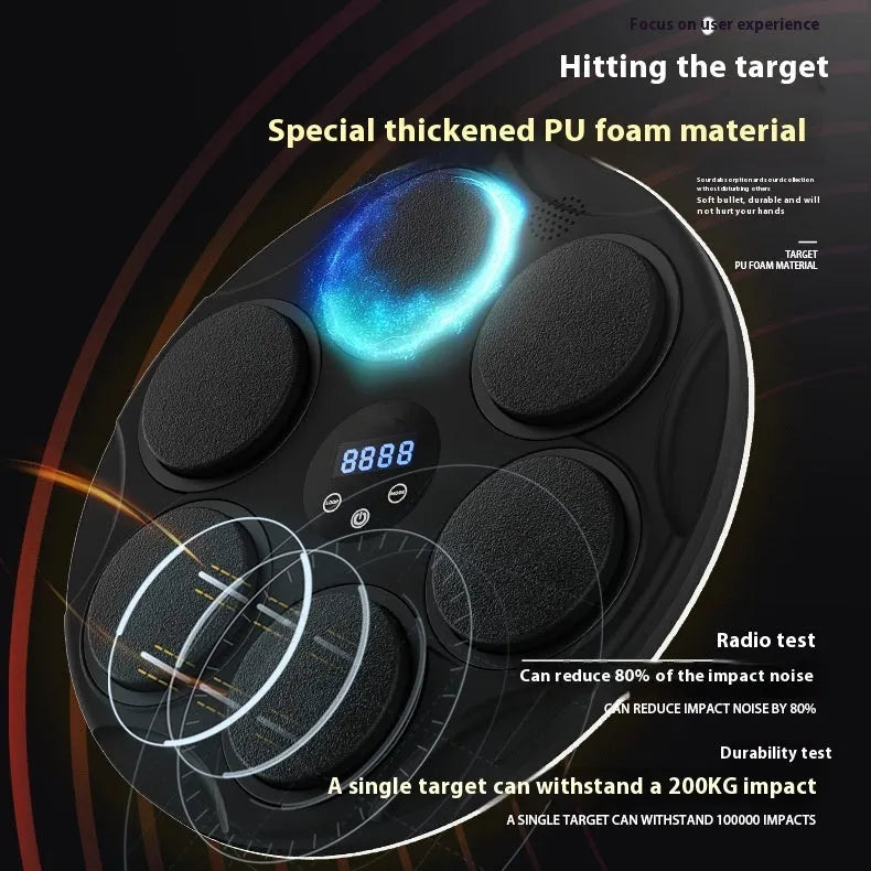 Black wall-mounted smart boxing target with coloured lights and Bluetooth for music fitness training.