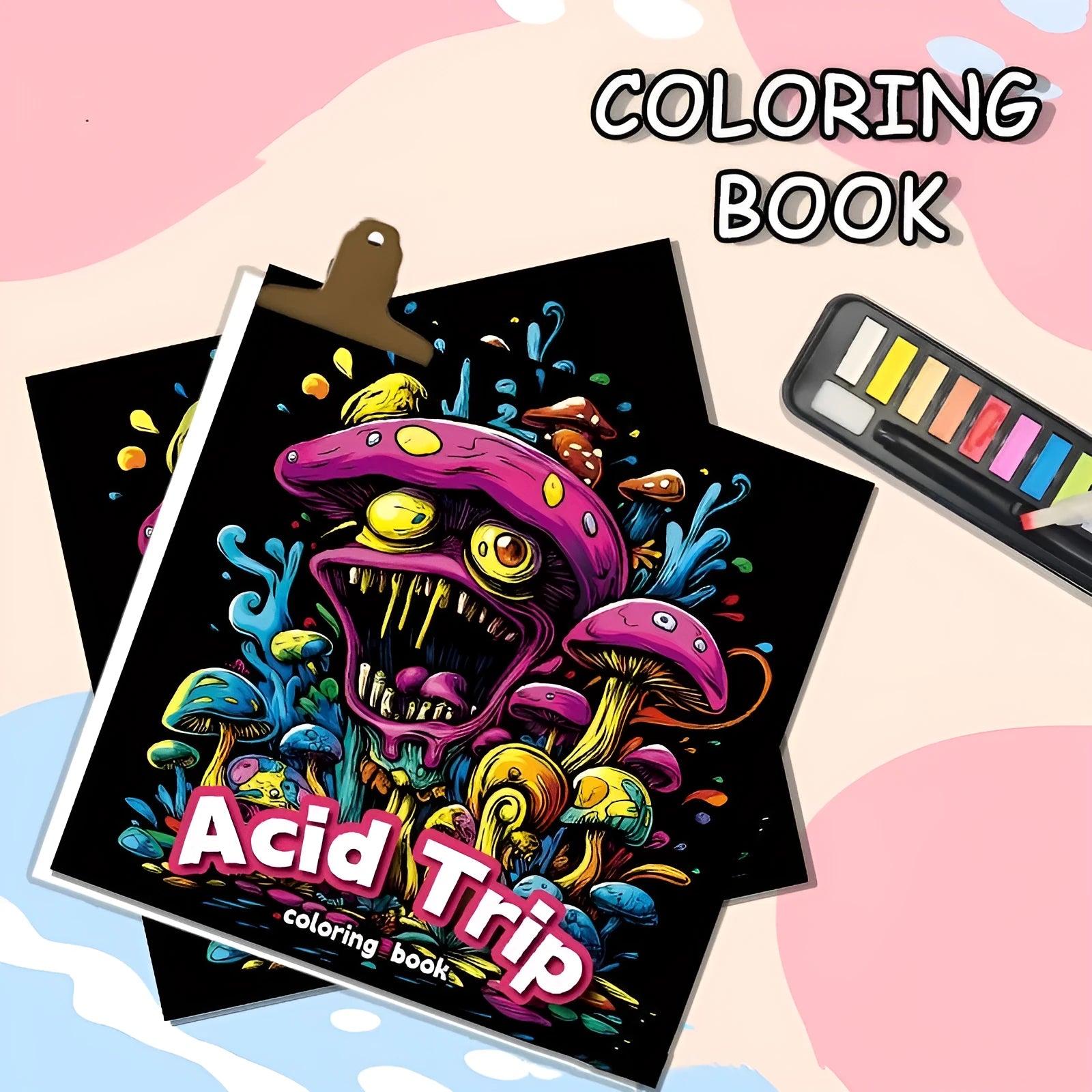 Acid tour colour cover painting book with 200mm length, open to show paper pages for drawing.