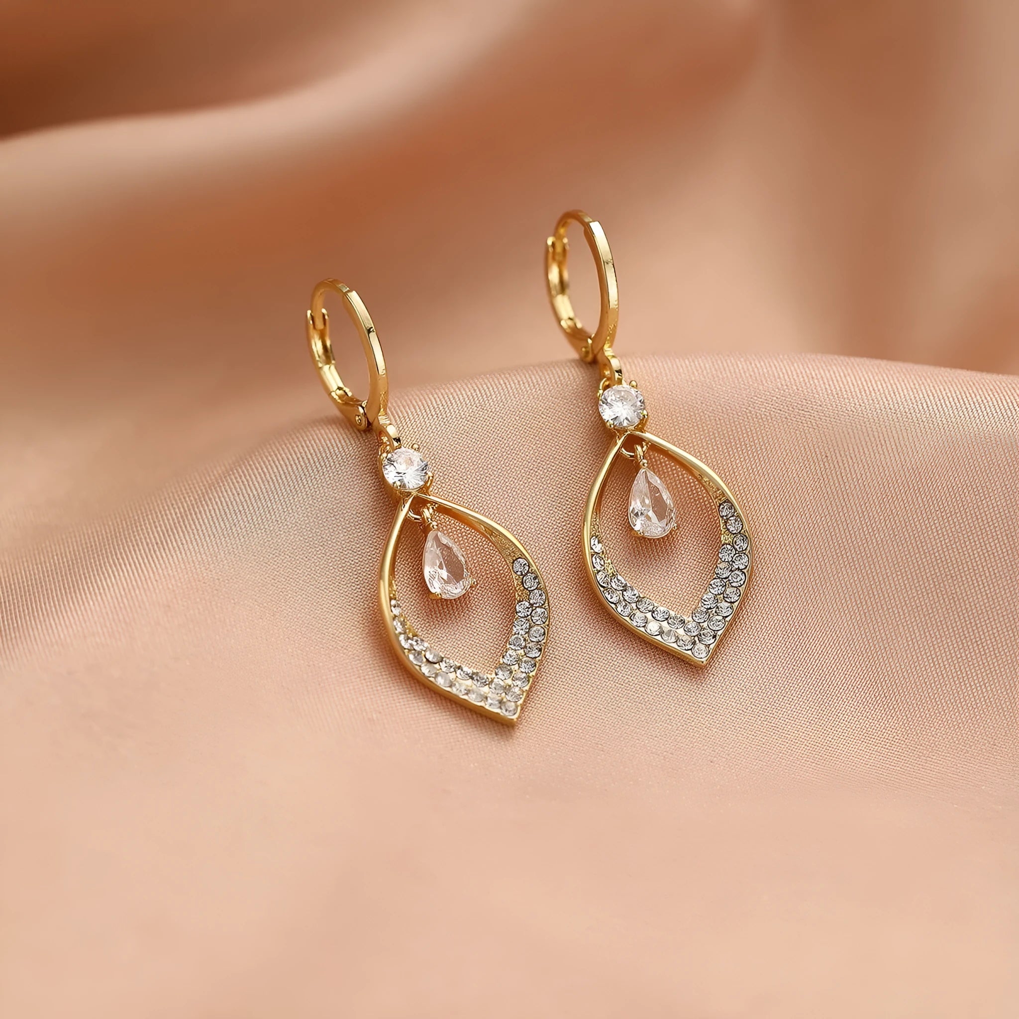 Copper water drop earrings with tassel, available in gold or silver electroplated finishes