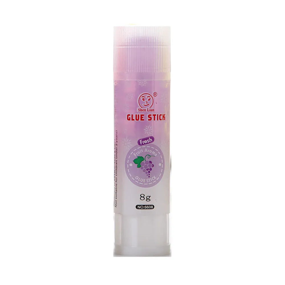 Jelly fruit fragrance solid glue stick 8.5cm long with random colour barrel on white background