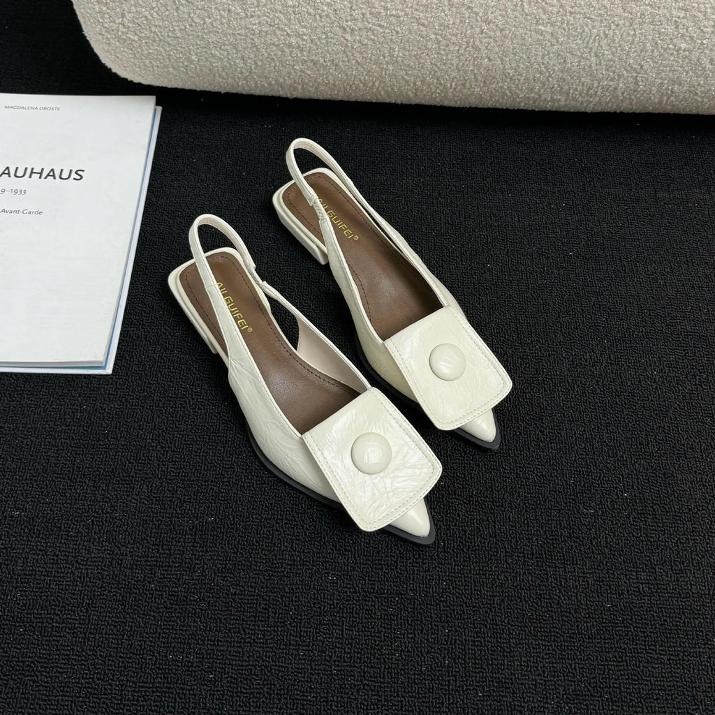 Women's low heel closed toe sandals with pointed toe and back ankle strap in four colour options
