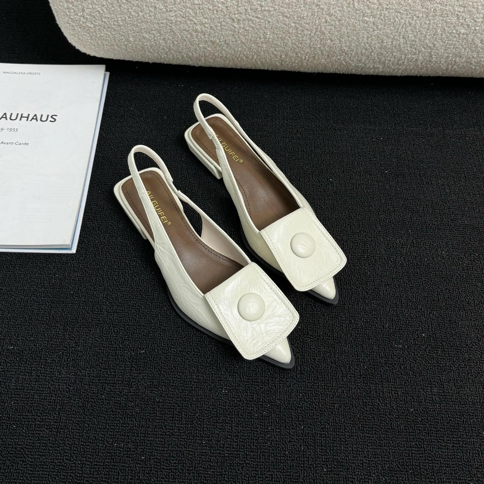 Women's low heel closed toe sandals with pointed toe and back ankle strap in four colour options