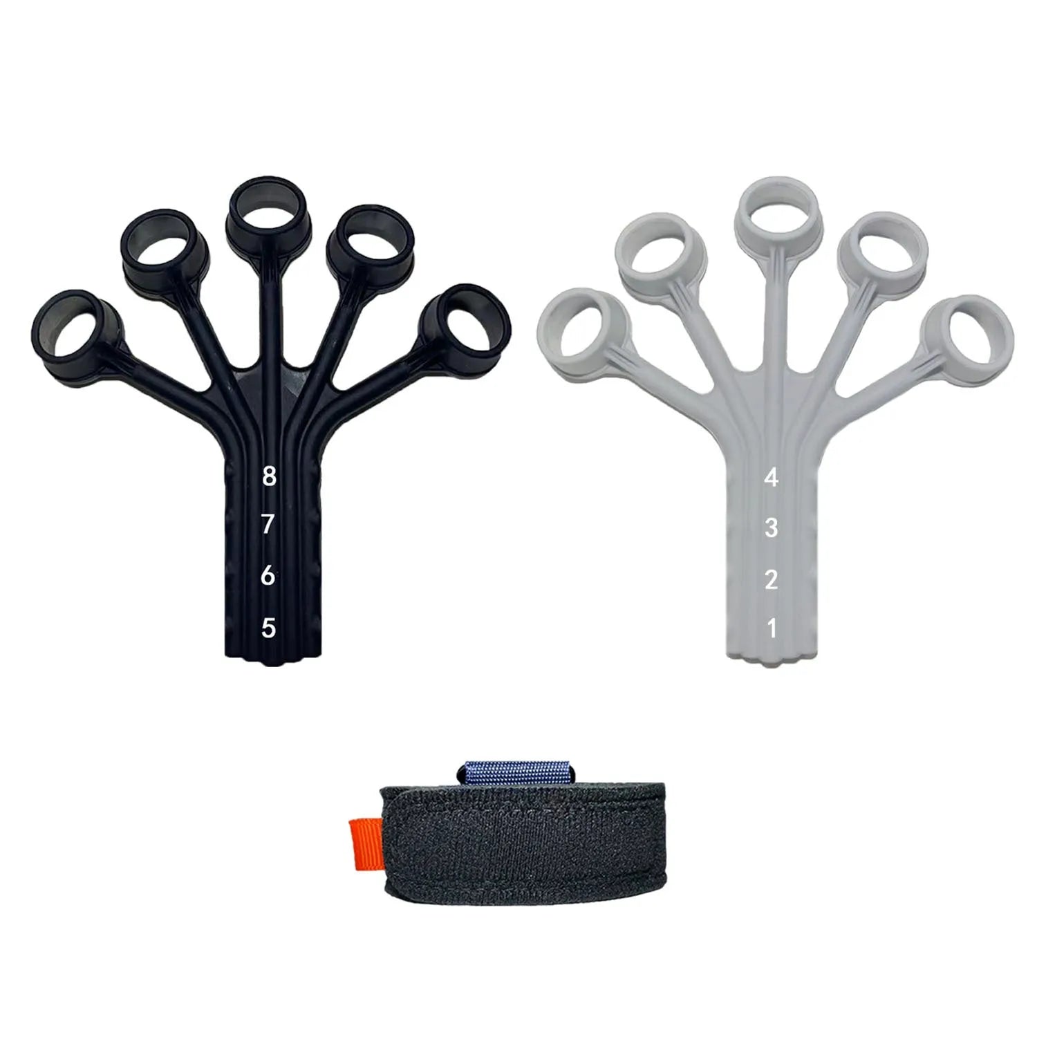 Black and grey silicone finger flexion and extension trainer with adjusting belt for hand rehabilitation.