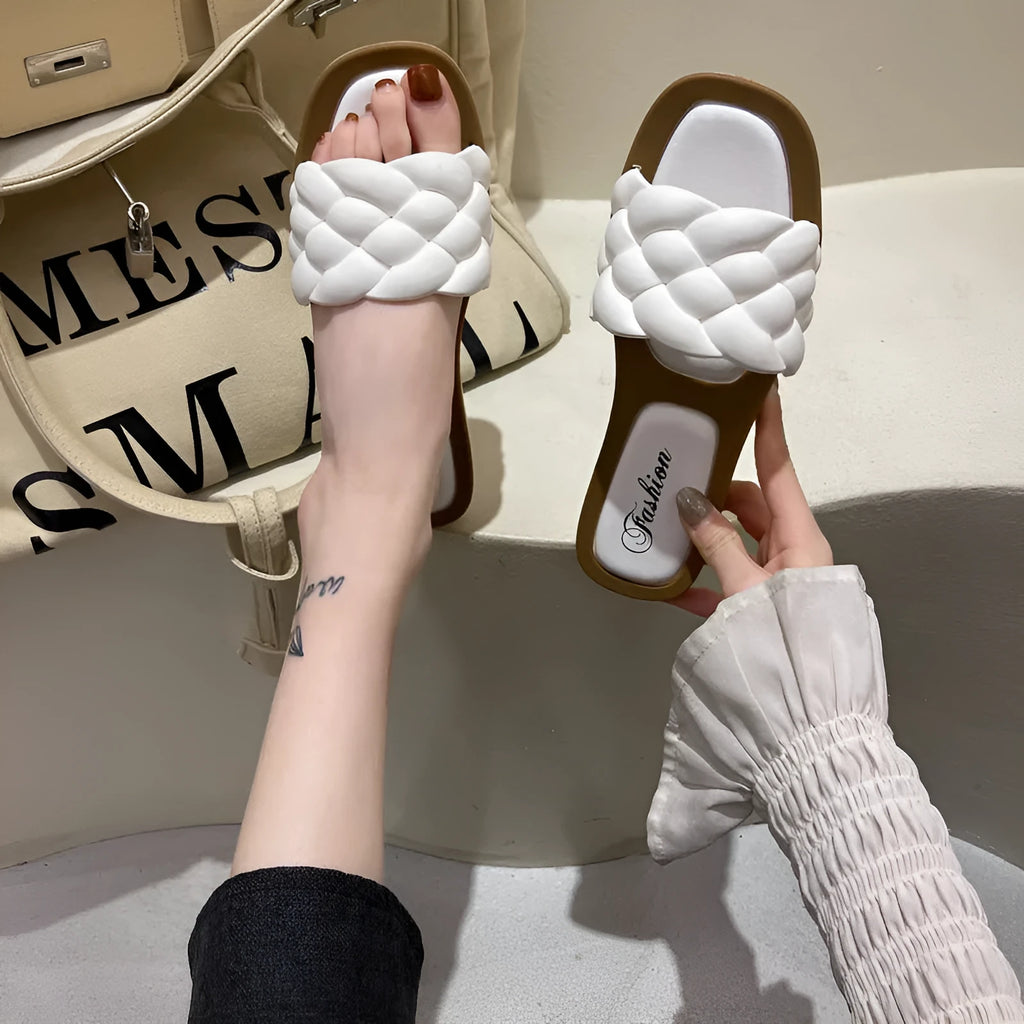 Women's plaid pattern beach sandals with thick anti-skid PVC soles in black, green, orange and white colours