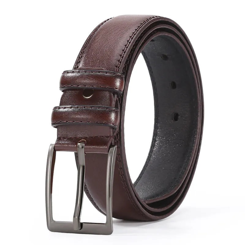 Men's black imitation leather business belt with an alloy pin buckle and laser logo elephant pattern.
