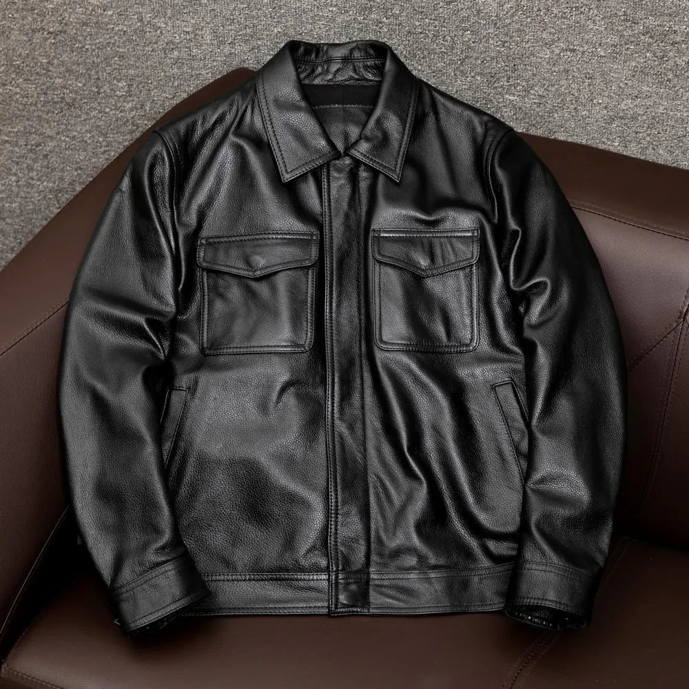 Men's brown PU leather lapel jacket with side seam pockets shown in loose fit