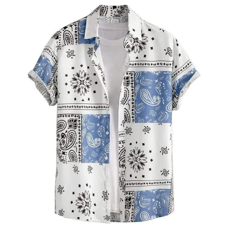 Men's slim fit Hawaiian shirt with digital printed pattern on four-way elastic polyester fabric