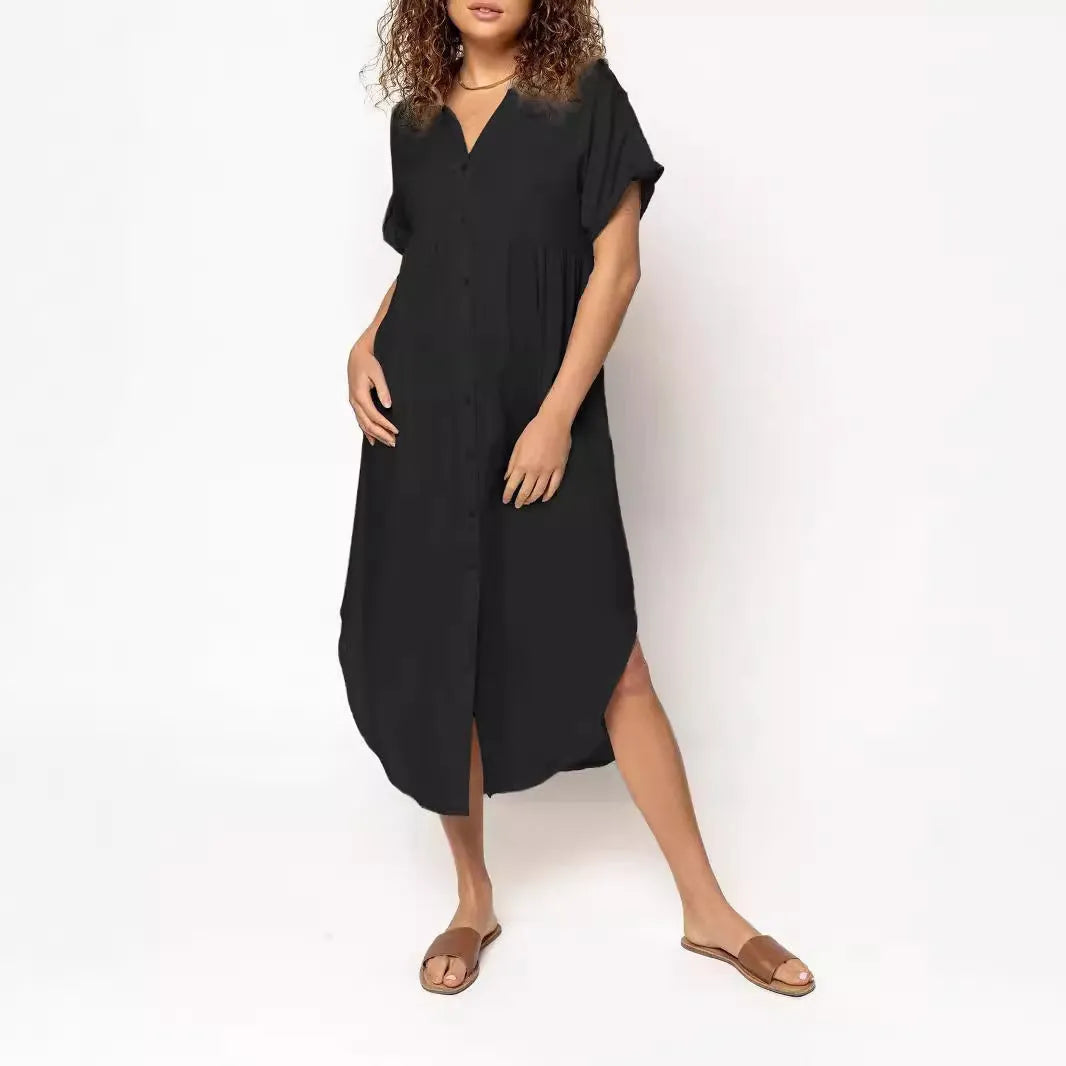 Loose casual button-front mid-length dress in solid colour
