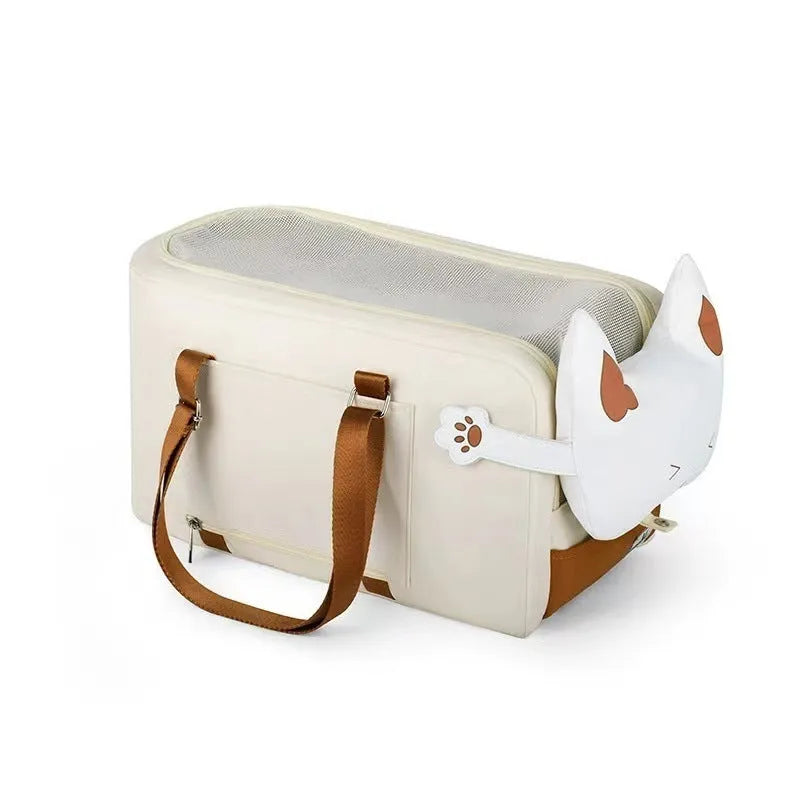 Beige hard-sided outdoor pet carrier with EPE padding, dimensions 43x25x22.5 cm