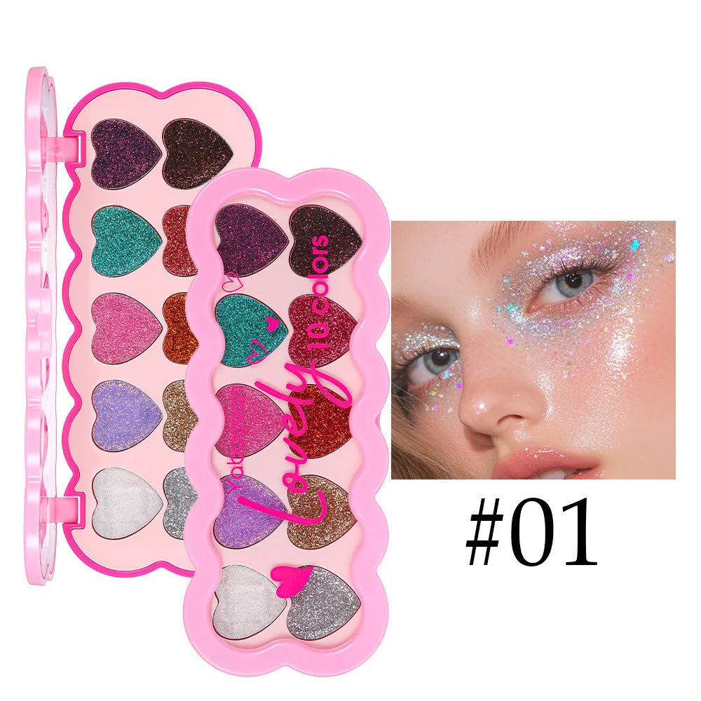 Pearlescent heart shaped ten-colour sequins eye shadow palette with universal skin type compatibility