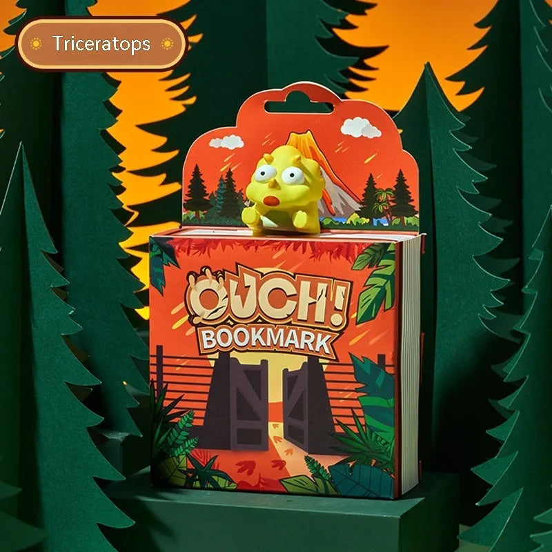 Dinosaur series bookmark showing Tyrannosaurus Rex, Triceratops, Stegosaurus, and Parasaurolophus designs in animation style