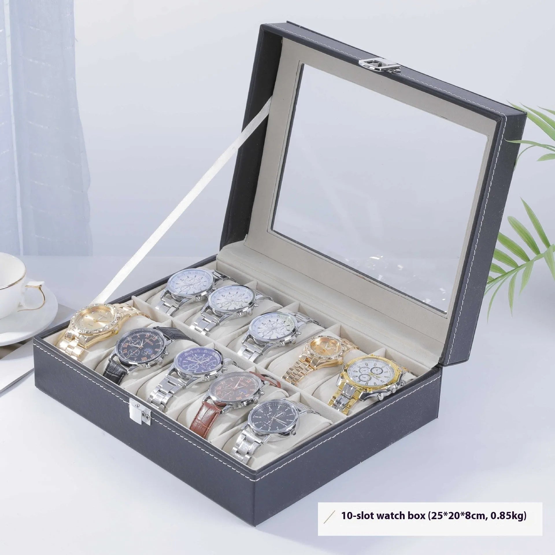 Grey high-grade leather watch storage box with a dustproof transparent lid, shown in a multi-capacity display.