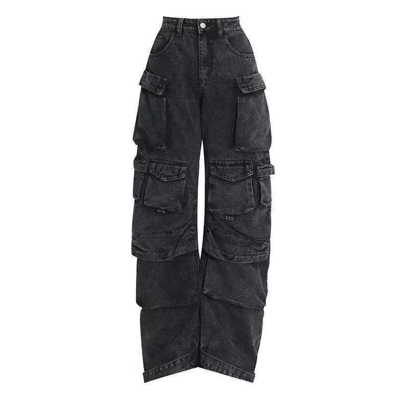 Blue tie-dyed high waist wide leg denim trousers on a woman, showing multiple pockets and street hipster style.