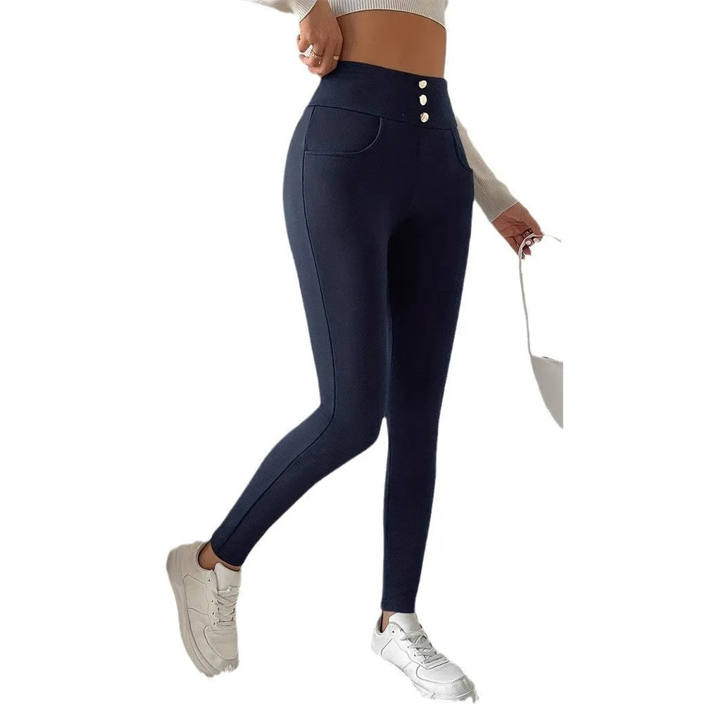 Women's navy blue high waist slim fit straight leg casual trousers on hanger