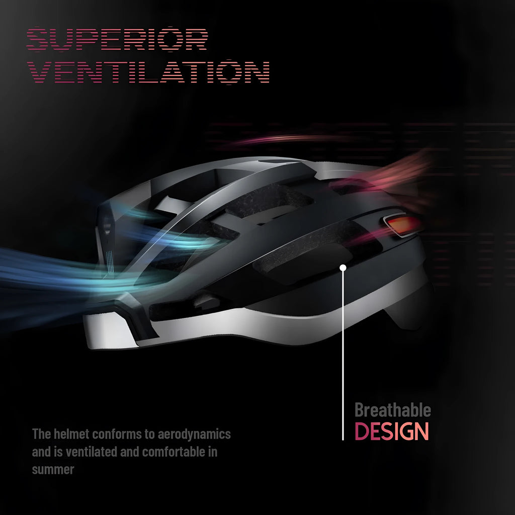 Black and grey smart cycling helmet with integrated Bluetooth safety warning lights on the rear.