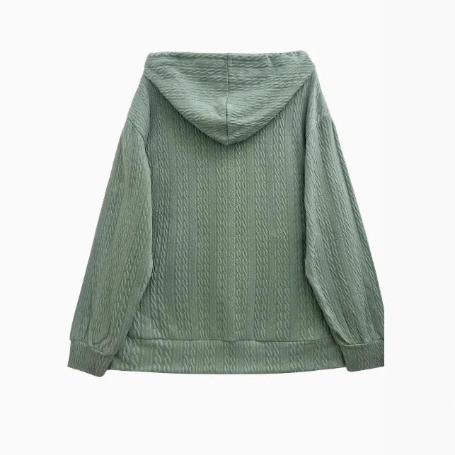 Green women's hooded zip-front casual coat in Japanese Korean style with loose fit