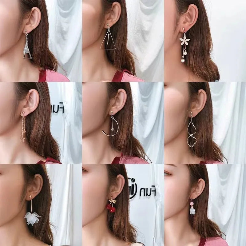 South Korean fashion alloy geometric ear clips with tassel pearl design in silver colour